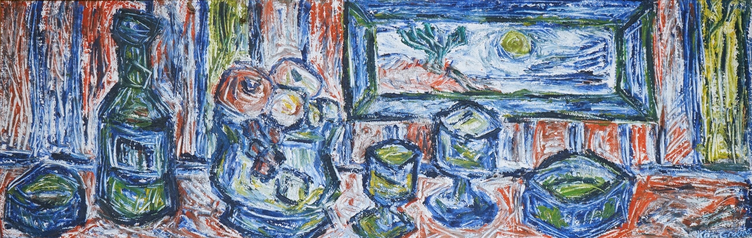 Ken Green, 1970’s impasto oil on board, still life of vessels, signed, 29 x 89cm